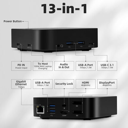 RVP+ RVP-082321 Docking Station USB-C 3.1 Gen 1 13 en 1 100W PD 4 Puertos USB-A