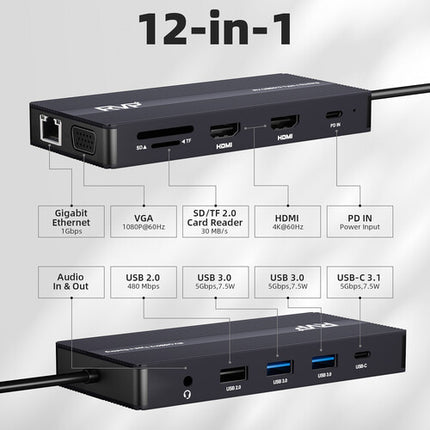 RVP+ RVP-USB012 Estación de Acoplamiento USB-C 3.1 Gen 1 12 en 1 HDMI VGA 100W PD