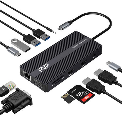 RVP+ RVP-USB012 Estación de Acoplamiento USB-C 3.1 Gen 1 12 en 1 HDMI VGA 100W PD