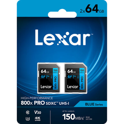 Lexar 64GB Tarjeta SDXC UHS-I 800x PRO V30 Clase 10 150MBs 2-Pack