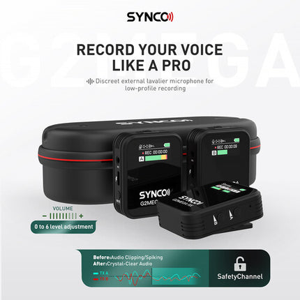 Synco WAir-G2-A2 MEGA Sistema Micrófono Lavalier Inalámbrico 2 Personas 8GB 656ft con Estuche de Carga