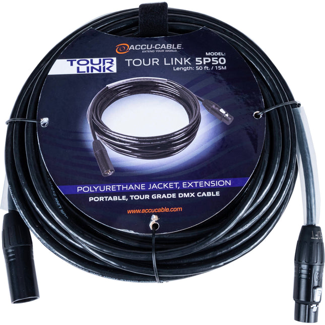 American DJ Tour Link 5P50 Cable profesional DMX 5 pines 50 pies 22 AWG con correa ajustable