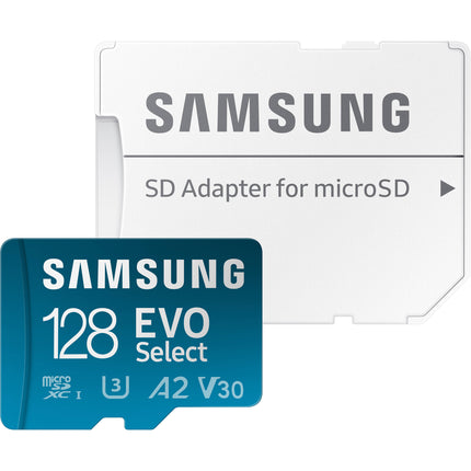 Samsung 128GB EVO Select tarjeta microSDXC 160MBs lectura 30MBs escritura con adaptador SD