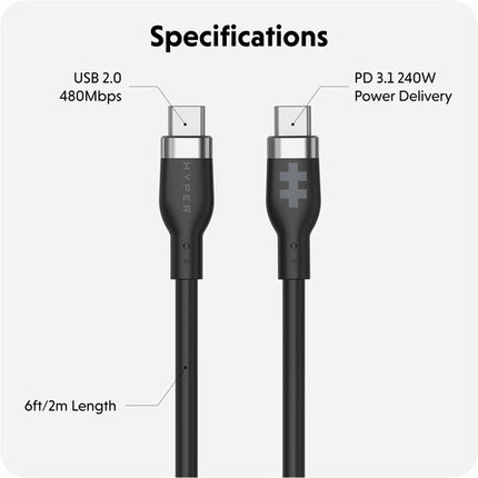 HYPER Cable de carga USB-C 2.0 240W 3.3 pies silicona negro