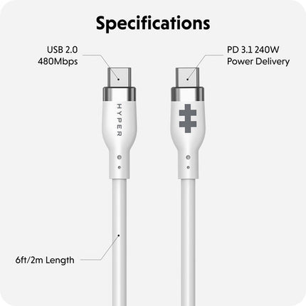 HYPER Cable USB-C 2.0 silicona carga 240W 3.3 pies blanco