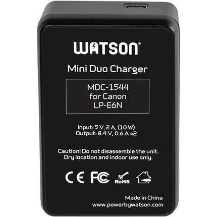 Watson Mini Duo Cargador USB-C para Baterías Canon LP-E6 con Pantalla LCD Dual
