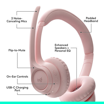 Logitech Zone 300 Auriculares Inalámbricos Rose 30mm Micrófonos Dual Bluetooth 5.3