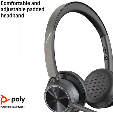 Poly Voyager 4320 Auricular Bluetooth Estéreo con Dongle USB-A 24h Batería Bluetooth 5.2 Estuche de Viaje Cable de Carga