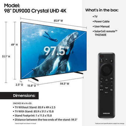 Samsung DU9000 98" TV LED 4K UHD 3840x2160 HDR10+ 60 Hz Control SolarCell