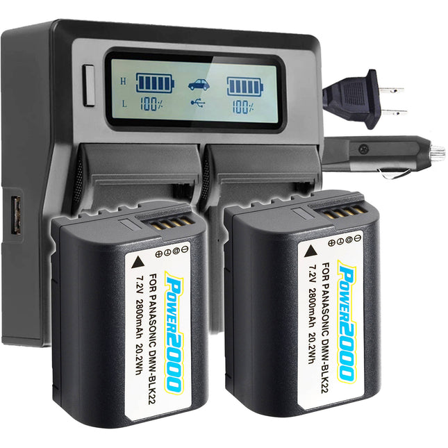 Power2000 DMW-BLK22 Kit de Dos Baterías con Cargador Dual LCD y Cable AC