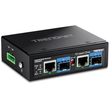 TRENDnet TI-BF22SFP Convertidor de medios industrial 2 Puertos Gigabit SFP PoE++ 90W con montaje DIN-Rail