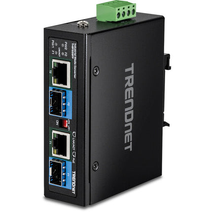 TRENDnet TI-BF22SFP Convertidor de medios industrial 2 Puertos Gigabit SFP PoE++ 90W con montaje DIN-Rail