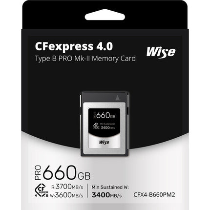 Wise Advanced 660GB Tarjeta de Memoria CFexpress 4.0 Tipo B PRO Mark II 3700 MB/s lectura 3600 MB/s escritura