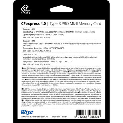 Wise Advanced 1.3TB Tarjeta de Memoria CFexpress 4.0 Tipo B PRO Mark II 3700 MB/s Lectura 3600 MB/s Escritura