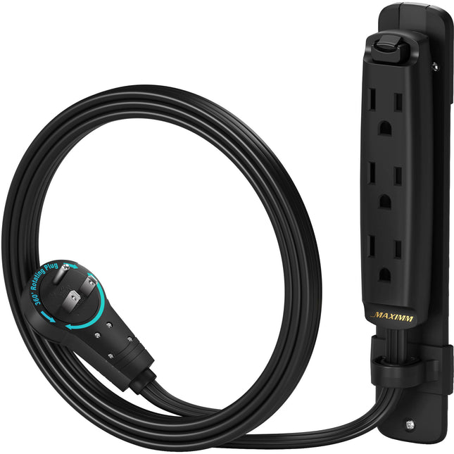 Maximm Cable alargador eléctrico 3 tomas 16 AWG 3 pies negro con plug giratorio 360°