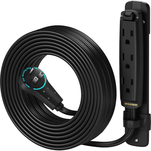 Maximm Cable de Extensión Eléctrica 3 Salidas Cable de 16 AWG 7.6 m con Enchufe Giratorio 360° y Soporte de Pared