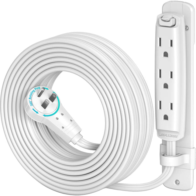 Maximm Cable alargador eléctrico 25 pies 16 AWG triple toma rotatorio blanco