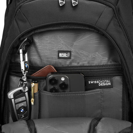 Swissdigital PIXEL PRO Mochila Negra 31L para Laptop 17 pulgadas con USB-C y RFID