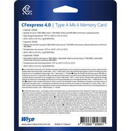 Wise Advanced Tarjeta de Memoria CFexpress 4.0 Tipo A 256GB 1865MB/s 1750MB/s