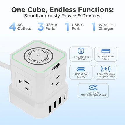 Uncaged Ergonomics Cube Protector de sobretensión con carga inalámbrica 15W y 9 salidas