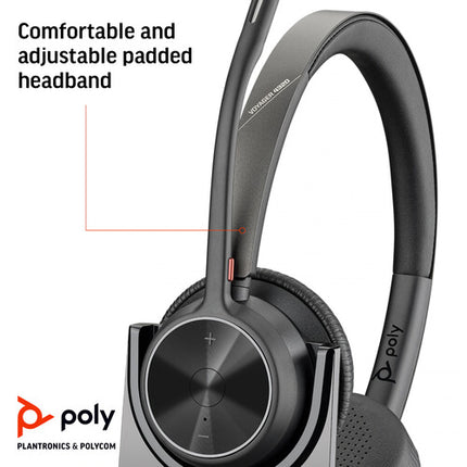 Auriculares estéreo Bluetooth Poly Voyager 4320 USB-C 24 horas talk time con base de carga