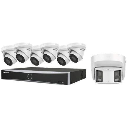 Hikvision EKI-K82T87A NVR 8 Canales 12MP 2TB HDD con 6 Cámaras Domo 8MP y Cámara Panorámica Doble Lente 8MP