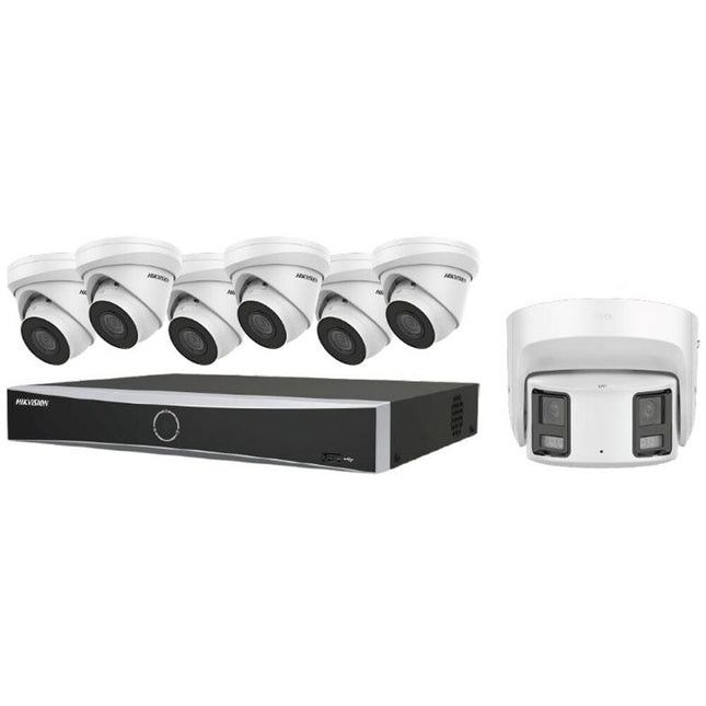Hikvision EKI-K82T87A NVR 8 Canales 12MP 2TB HDD con 6 Cámaras Domo 8MP y Cámara Panorámica Doble Lente 8MP