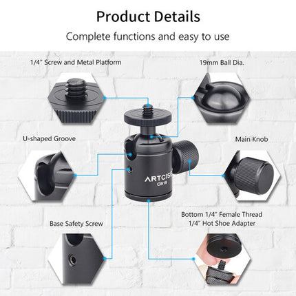 ARTCISE CB19 Mini Cabezal esférico Capacidad 3kg Base 1.1 pulgadas Bloqueo integrado