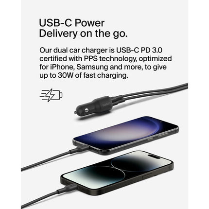 Belkin Cargador de Coche Dual 42W con Cable USB-C a USB-C y Puerto USB-A
