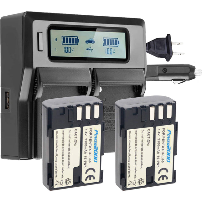 Power2000 Pack de 2 Baterías Pentax D-LI90 2100mAh y Cargador LCD Dual