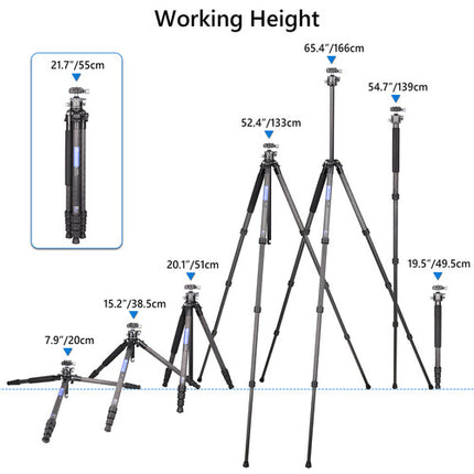 ARTCISE NS30C trípode compacto carbono con cabeza esférica NB34 33.1 lb capacidad 65.4 pulg altura máxima