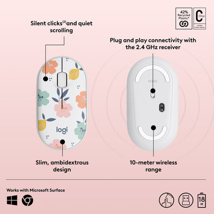 Logitech M340 Ratón Inalámbrico Floral 2.4 GHz 1000 dpi 18 Meses Batería