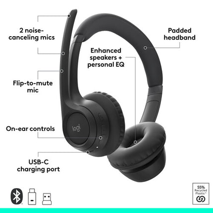 Logitech Zone 305 Auriculares Inalámbricos USB-C 30mm Micrófonos Cancelación Ruido
