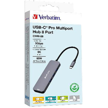 Verbatim 8-Port USB-C Pro CMH-08 Hub Multipuertos con HDMI 8K 85W PD