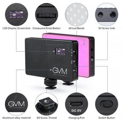 GVM 8RS Luz LED RGB para cámara Panel 4.6x2.8" 225 Lux Ajustable 2700-7500K