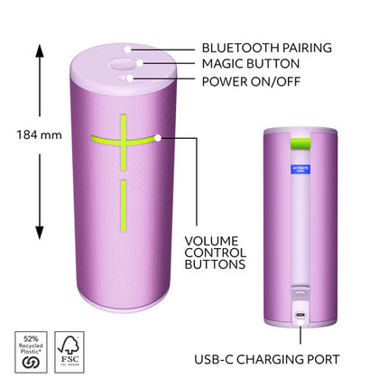 Ultimate Ears BOOM 4 Altavoz Bluetooth inalámbrico morado con 15 h batería y 147 ft alcance