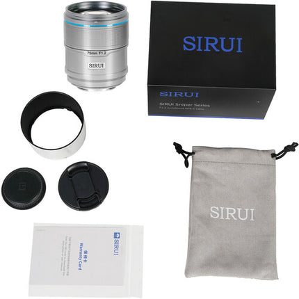 Sirui Sniper 75mm f1.2 Lente Autofoco Telefoto para Fujifilm X Plata con Capas y Funda