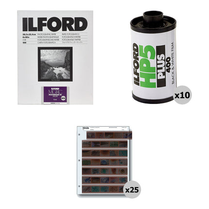 Ilford HP5 Plus Kit de película 35mm 36 exposiciones papel 8x10 pulgadas 100 hojas y fundas para negativos