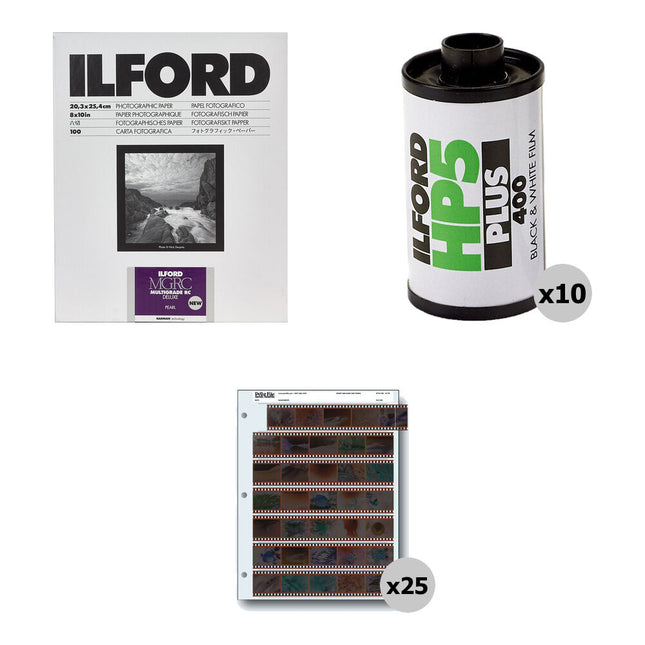Ilford HP5 Plus Kit de película 35mm 36 exposiciones papel 8x10 pulgadas 100 hojas y fundas para negativos