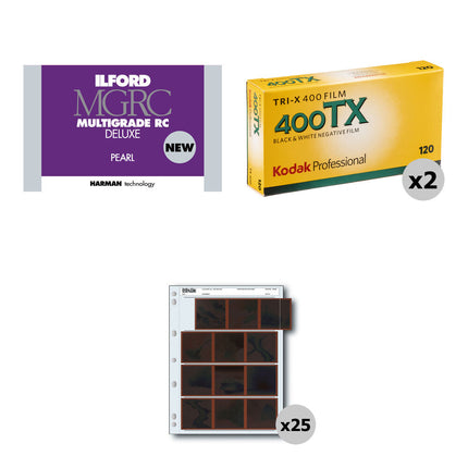 Kodak Tri-X 400 Kit de película blanco y negro 120 rollos 5 unidades con papel Ilford 8x10 y fundas para negativos