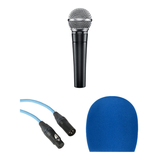 Shure SM58 Micrófono Dinámico de Mano con Cable XLR 7.6m y Paraviento Azul