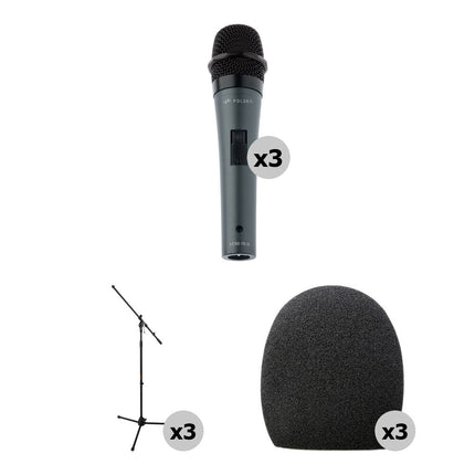 Polsen HDM-16-S Micrófonos Dinámicos de Mano Kit 3 Unidades 50Hz-16kHz con Soportes y Protectores de Espuma