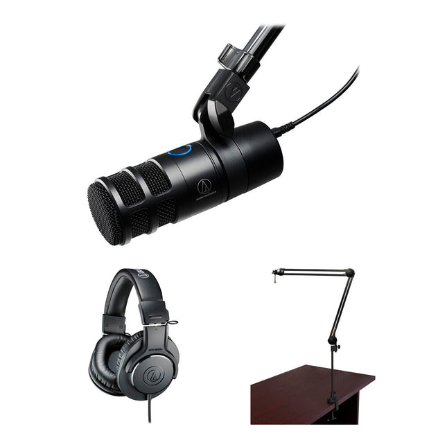 Audio-Technica AT2040USB Micrófono dinámico USB para podcast con auriculares de 40 mm y brazo de transmisión