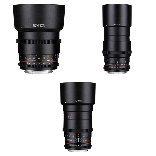 Rokinon Cine DS Kit de lentes 85mm T1.5 100mm T3.1 Macro 135mm T2.2 para Canon EF