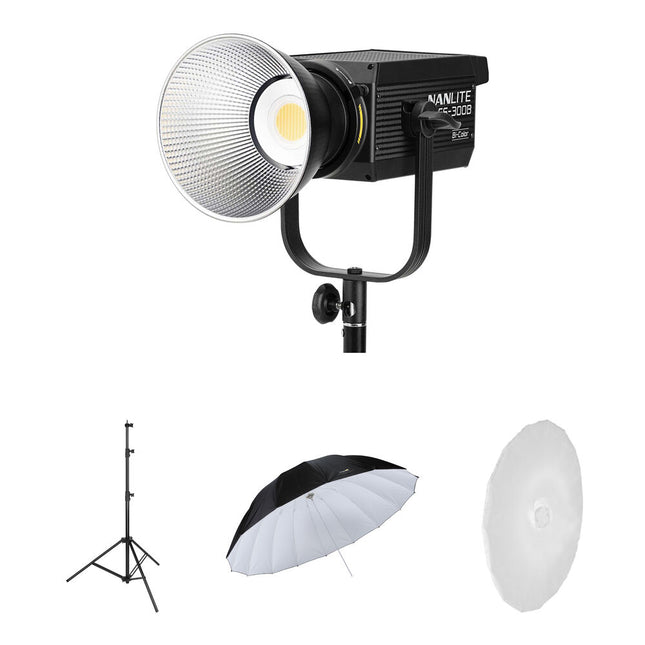 Nanlite Bundle of Joy Kit de Iluminación LED Bi-Color FS-300B y Paraguas Parabólico 7'