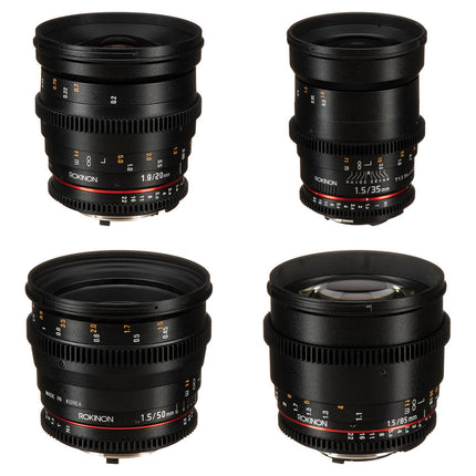 Rokinon Pack de Lentes Cine 20 35 50 85mm T1.5 T1.9 para Nikon F
