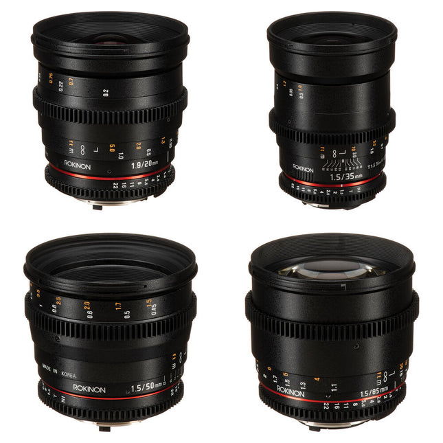 Rokinon Pack de Lentes Cine 20 35 50 85mm T1.5 T1.9 para Nikon F