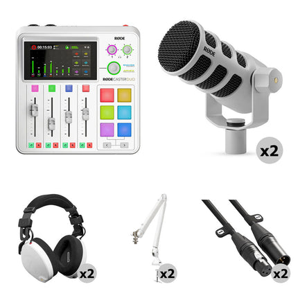 RODE RODECaster Duo Kit de Podcast para 2 Personas con 2 PodMic 2 Auriculares y 2 Boom Arms Blanco