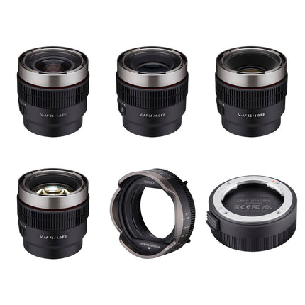 Rokinon Cine AF Kit de 4 lentes Full Frame T1.9 24 35 45 75mm con Controlador Pro y Estación de Lentes para Sony E