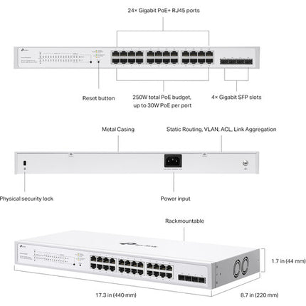 TP-Link Festa FS328GP Switch de Red Gestionado Gigabit 24 Puertos PoE+ 4 SFP 250W Rackmount